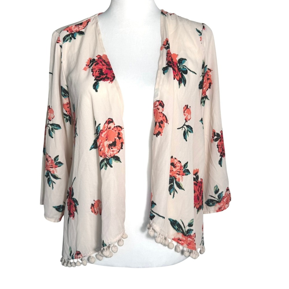 MIMI CHICA Womens Medium Pink Floral Print Kimono Cardigan Pom Pom Trim Cover Up
